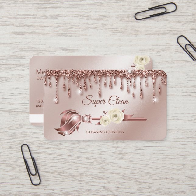 Maid Cleaning House Sparkling rose gold Business C Business Card (Front/Back In Situ)