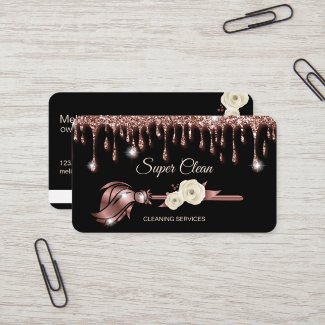 Maid Cleaning House Sparkling rose gold Business C Business Card (Front/Back In Situ)