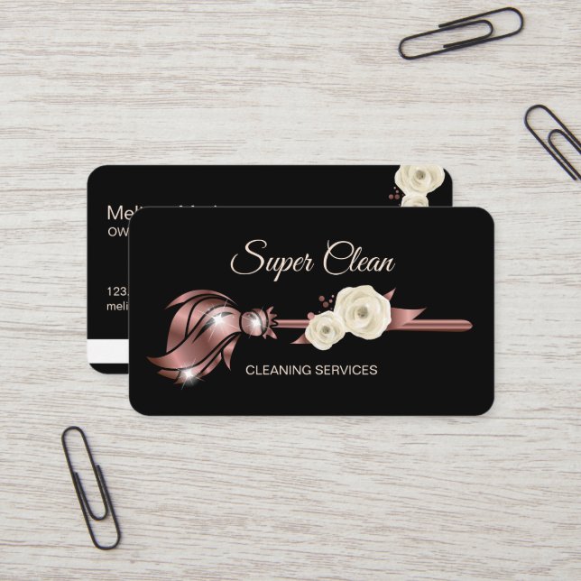 Maid Cleaning House Sparkling rose gold Business C Business Card (Front/Back In Situ)