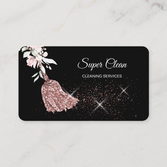Maid Cleaning House Sparkling rose gold Floral Bus Business Card (Front)