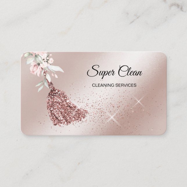 Maid Cleaning House Sparkling rose gold Floral Bus Business Card (Front)