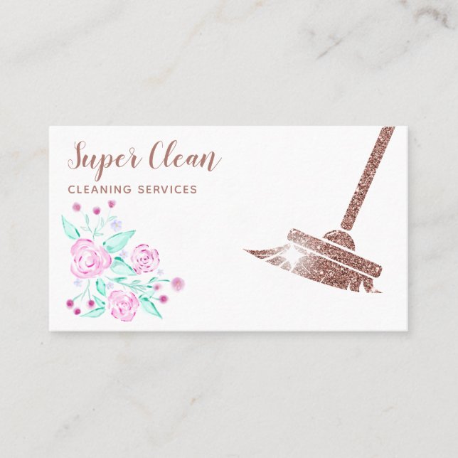 Maid Cleaning House Sparkling Rose Gold Floral Business Card (Front)