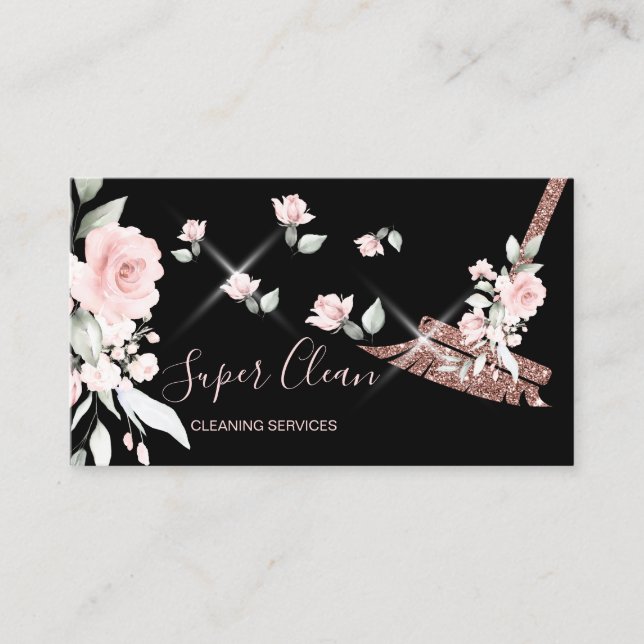 Maid Cleaning House Sparkling rose gold floral Business Card (Front)