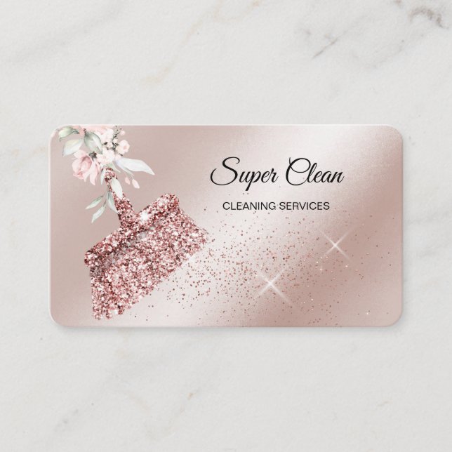 Maid Cleaning House Sparkling rose gold Floral Business Card (Front)