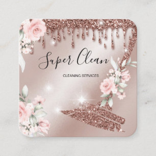 Maid Cleaning House Sparkling rose gold floral Square Business Card