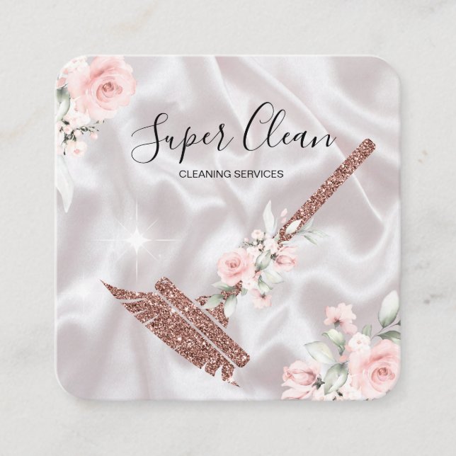 Maid Cleaning House Sparkling rose gold floral Square Business Card (Front)