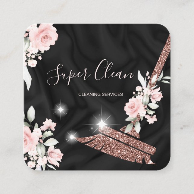 Maid Cleaning House Sparkling rose gold floral Square Business Card (Front)