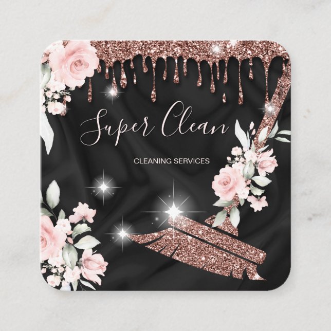 Maid Cleaning House Sparkling rose gold floral Square Business Card (Front)