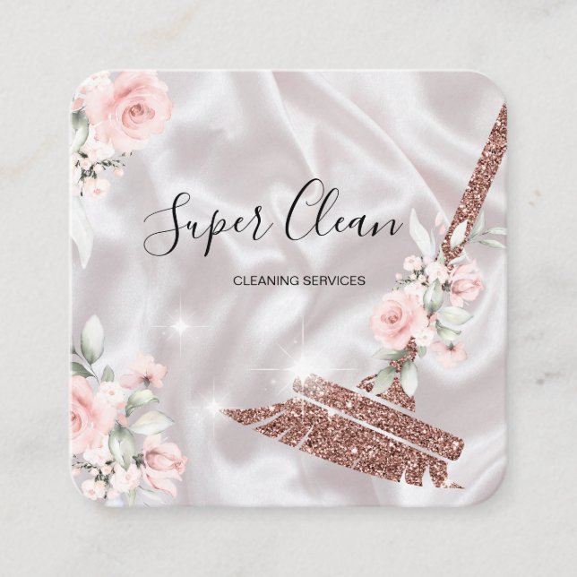 Maid Cleaning House Sparkling rose gold floral Square Business Card (Front)