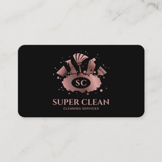Maid Cleaning House Sparkling Rose Gold Monogram Business Card (Front)