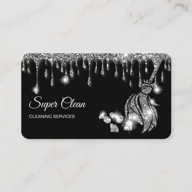 Maid Cleaning House Sparkling silver diamonds Business Card (Front)