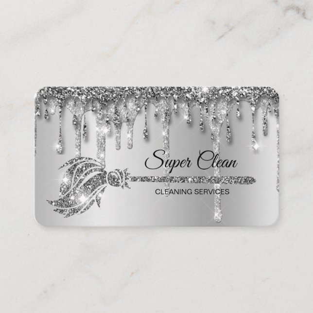 Maid Cleaning House Sparkling silver platinum Business Card (Front)