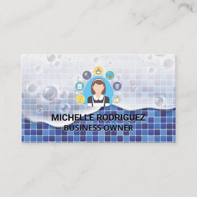 Maid Cleaning Icons | Bathroom Tile Soap Business Card (Front)