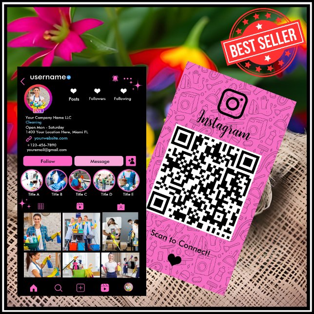 Maid Cleaning Instagram Pink | Housekeeping QR  Business Card (Creator Uploaded)