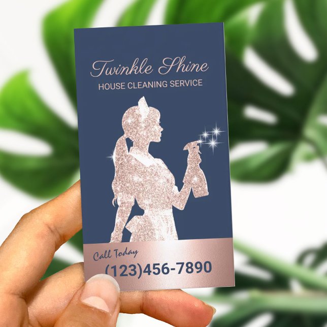 Maid Cleaning Rose Gold Sparkles Navy Housekeeping Business Card (Creator Uploaded)