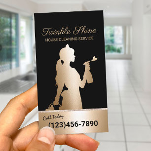 Maid Cleaning Service Black & Gold Housekeeping Business Card