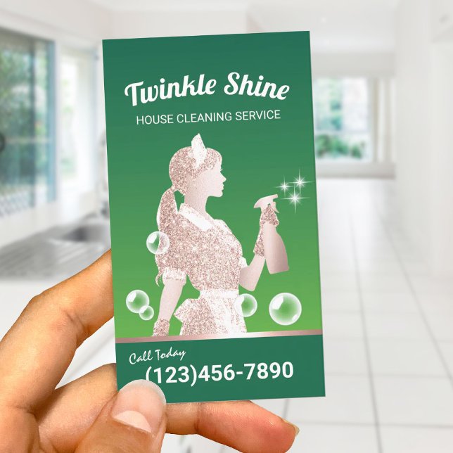 Maid Cleaning Service Elegant Green Housekeeping Business Card (Creator Uploaded)