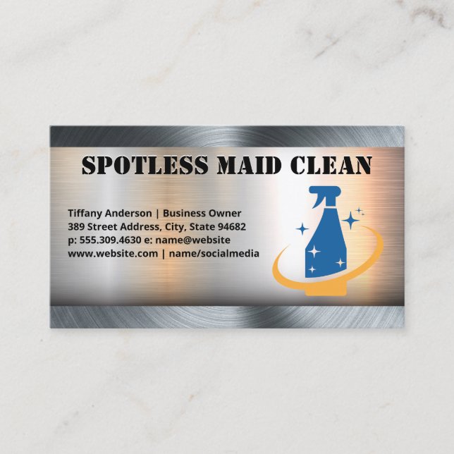 Maid Cleaning Spray Logo | Metal Background Business Card (Front)