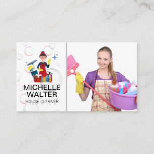 Maid Holding Cleaning Supplies   Soap Bubbles Business Card
