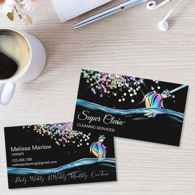 Maid House Cleaning Housekeeping Holograph Business Card (Maid Cleaning House Sparkling Business Card with holographic broom logo, glitter and water splash)
