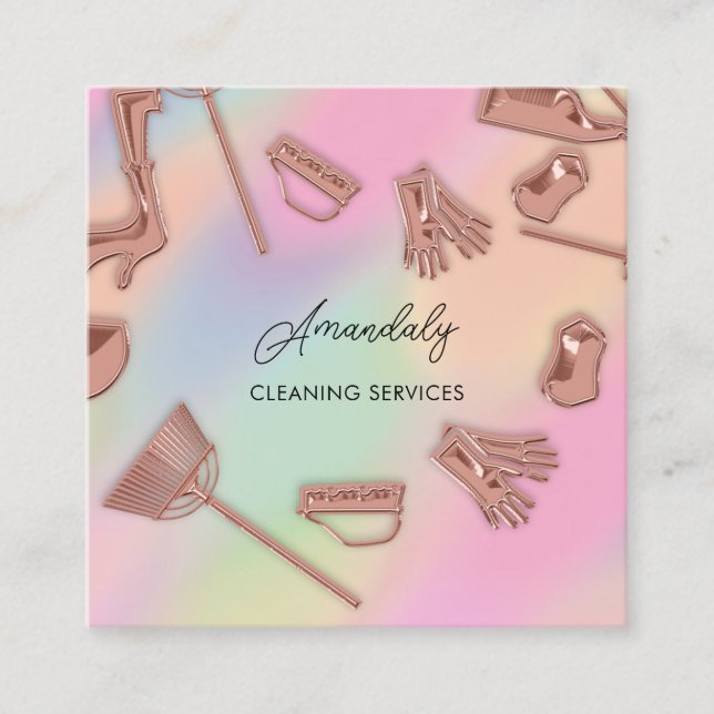 Maid House Cleaning Office Services Logo Rose Squa Square Business Card (Front)