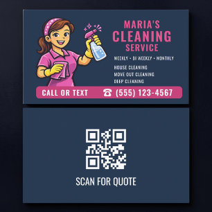 Maid House Cleaning QR Code Pink Navy Blue Business Card