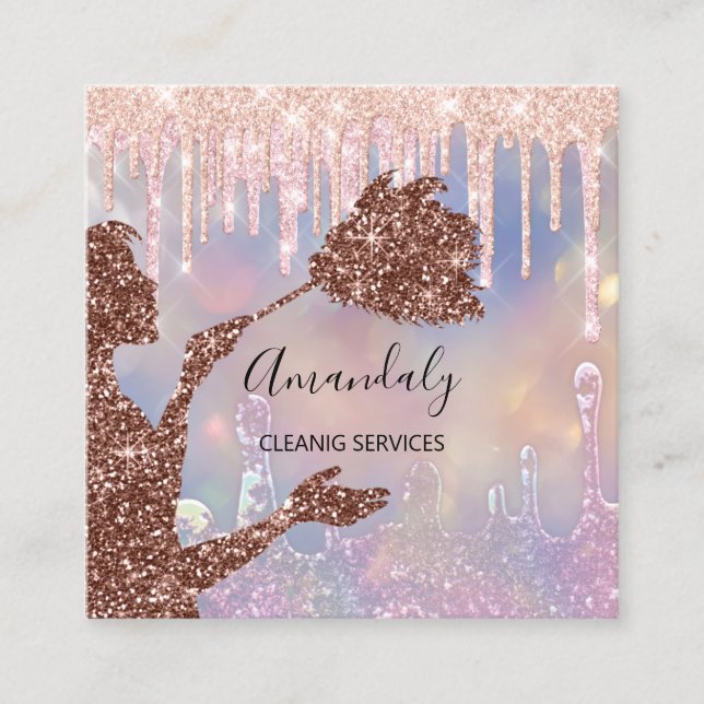 Maid House Cleaning Services Logo Drips Holograph Square Business Card (Front)