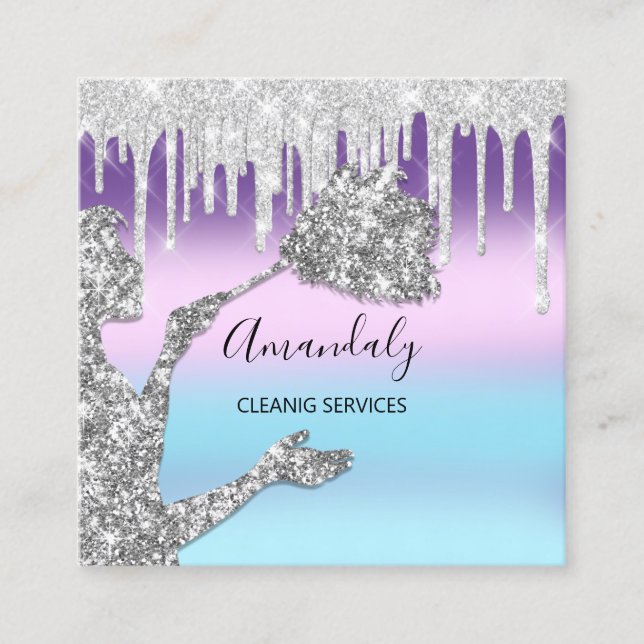 Maid House Cleaning Services Logo Drips Silver Square Business Card (Front)