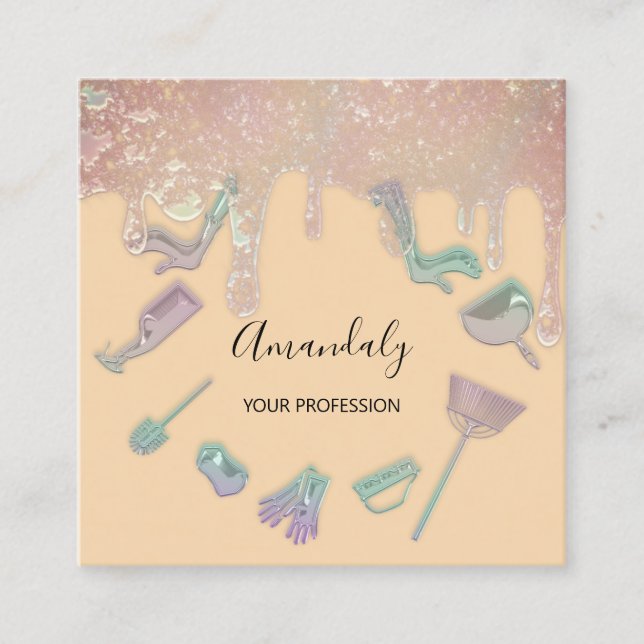 Maid House Cleaning Services Logo Green Pastel Square Business Card (Front)