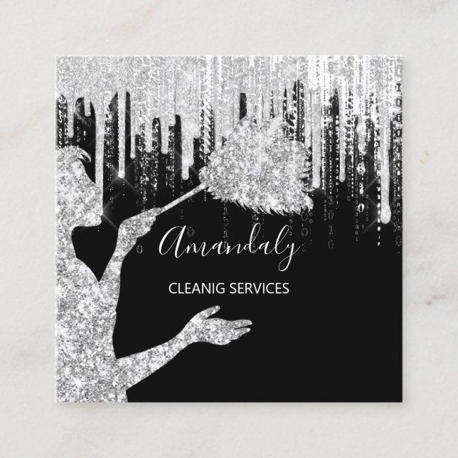 Maid House Cleaning Services Logo Grey  Drip Black Square Business Card (Front)