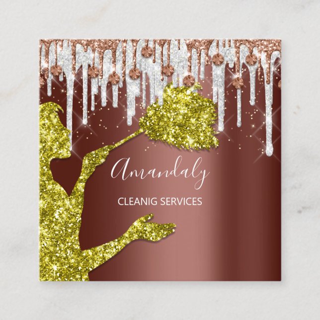 Maid House Cleaning Services Logo Grey Drip Bronze Square Business Card (Front)