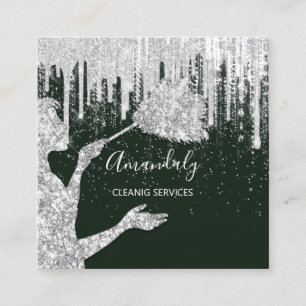 Maid House Cleaning Services Logo Grey Drip Glam Square Business Card