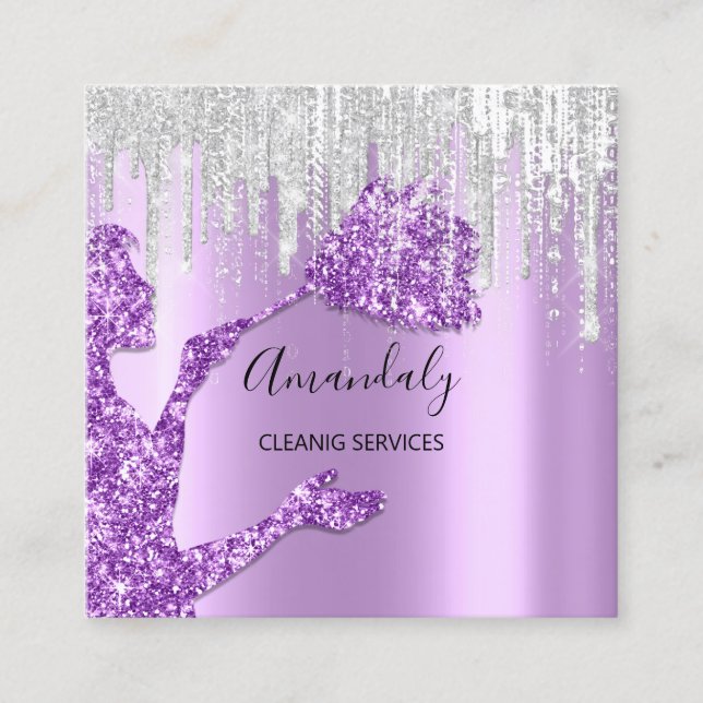 Maid House Cleaning Services Logo Grey Drip Purple Square Business Card (Front)