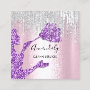 Maid House Cleaning Services Logo Grey Drip Purple Square Business Card