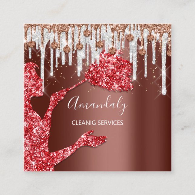 Maid House Cleaning Services Logo Grey Drip Red Square Business Card (Front)