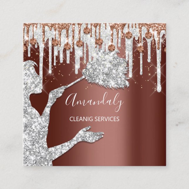 Maid House Cleaning Services Logo Grey Drip Silver Square Business Card (Front)