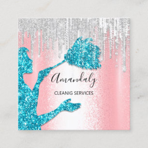 Maid House Cleaning Services Logo Grey Drips Blue Square Business Card