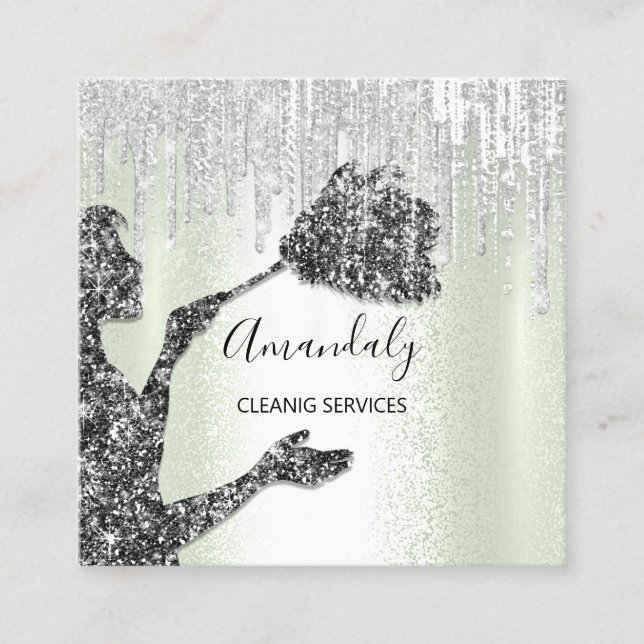 Maid House Cleaning Services Logo Grey Drips Mint Square Business Card (Front)