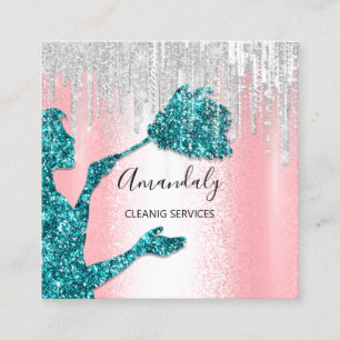 Maid House Cleaning Services Logo Grey Drips Teal Square Business Card