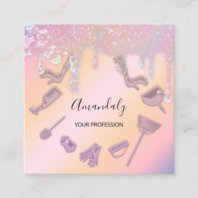 Maid House Cleaning Services Logo Purple Rose Square Business Card (Front)