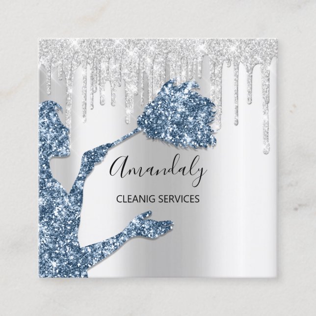 Maid House Cleaning Services Logo Silver Blue Navy Square Business Card (Front)