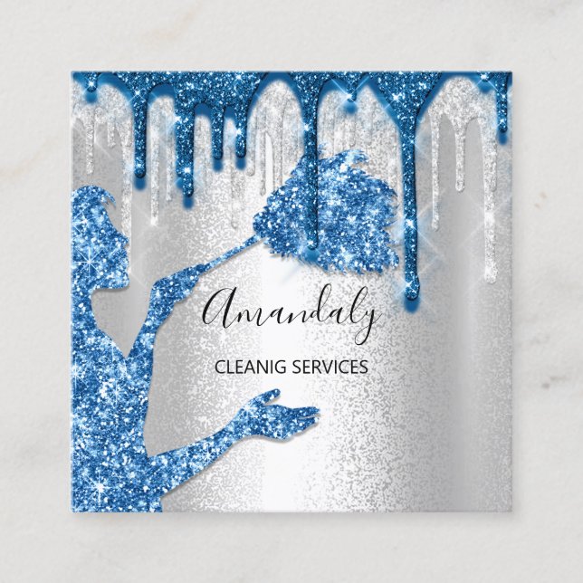 Maid House Cleaning Services Logo Silver Drip Blue Square Business Card (Front)