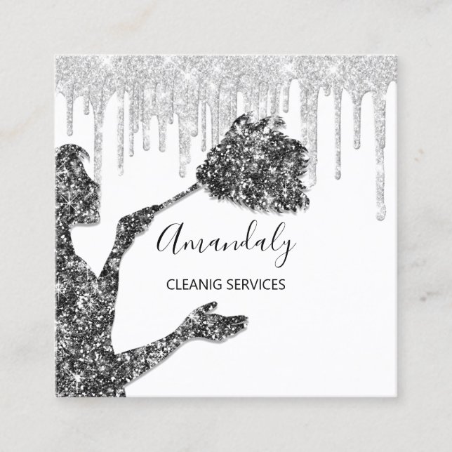 Maid House Cleaning Services Logo Silver Grey Drip Square Business Card (Front)