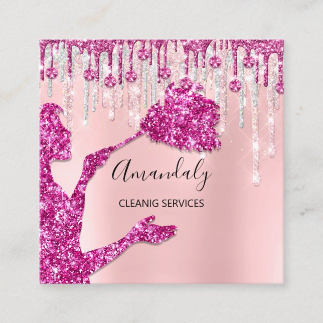 Maid House Cleaning Services Logo Silver Pink Glam Square Business Card (Front)