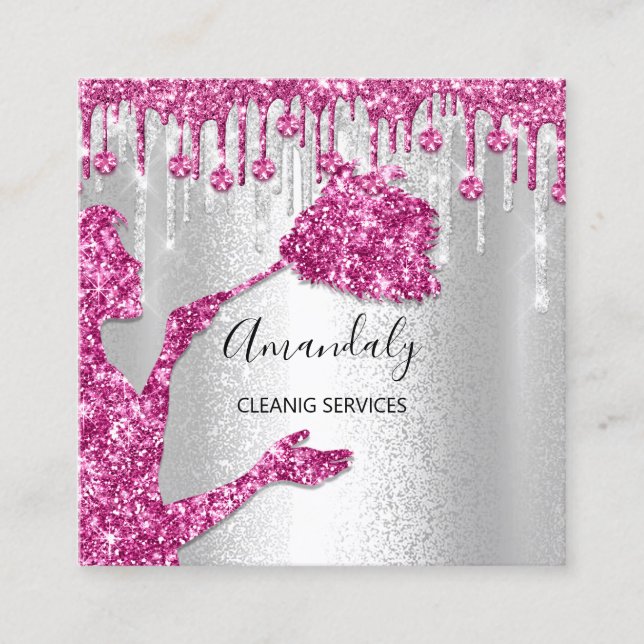 Maid House Cleaning Services Logo Silver Pink Grey Square Business Card (Front)
