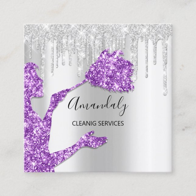 Maid House Cleaning Services Logo Silver Purple Square Business Card (Front)