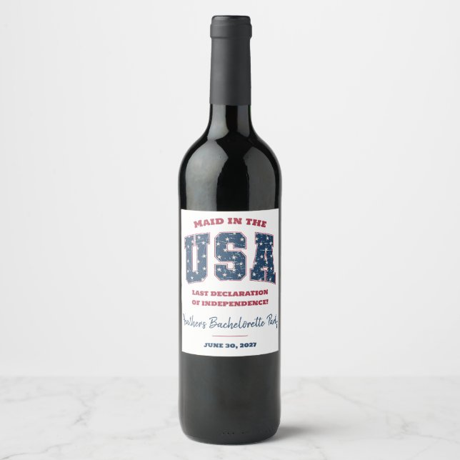 Maid in the USA, Stars, Stripes Bridal Shower Wine Label (Front)