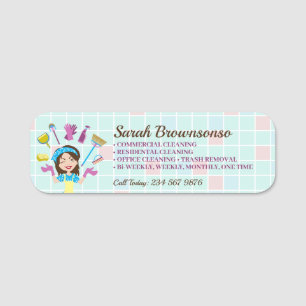 Maid Janitorial Name Tag Teal Cartoon Cleaning