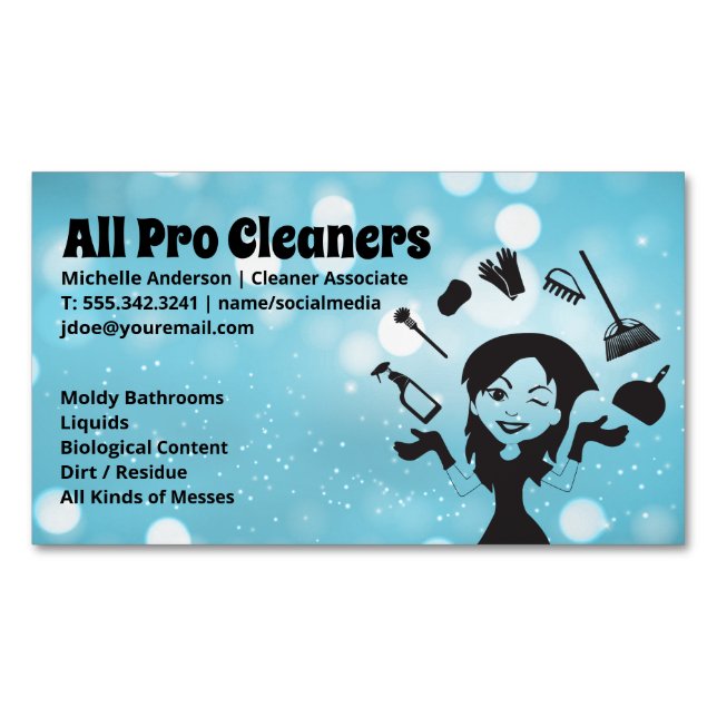 Maid Juggling Cleaning Supplies Magnetic Business Card (Front)