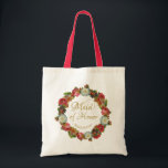 Maid of Honor Autumn Floral Elegant Wedding Tote Bag<br><div class="desc">This beautiful tote bag is designed as a gift for your Maid of Honor. It features a wreath of vintage flowers in deep rich autumn colors including red, coral, orange and plum. The lacy gold text reads "Maid of Honor" and there is a place to enter her name. Perfect swag...</div>